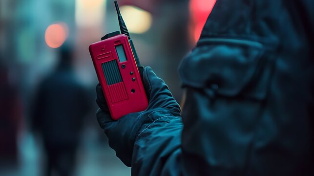 Security guard with red portable radio transmitter in the hands of a man.