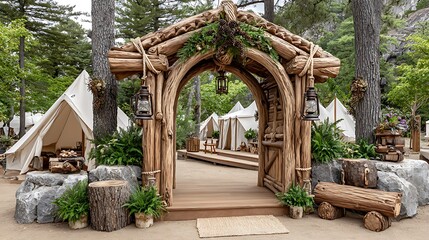 Outdoor glamping retreat featuring detailed rustic entry and tents picture