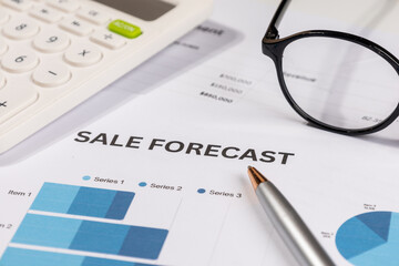 Sales Forecast Report in Clipboard on Desk with Business Data – Financial Planning Concept


