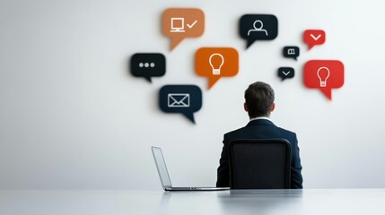 business talking banner concept. A person sits in front of a laptop, surrounded by colorful chat bubbles with icons.