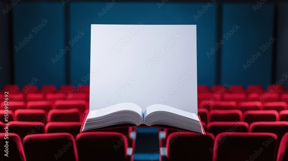 Poster empty book pages floating in front of red theater seats with blue background in a cinematic atmosphe