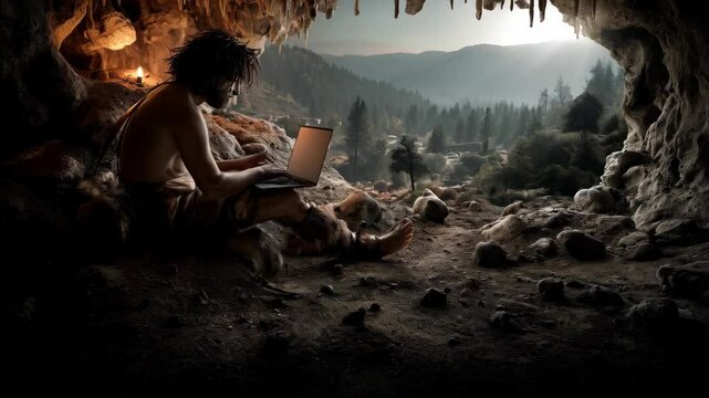 Stone age man using modern laptop inside cave, digital technology meets primitive living, forest landscape, warm candlelight illumination