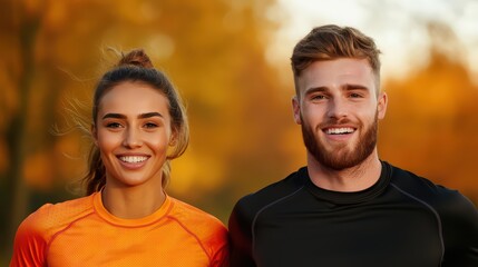 Obraz premium Cheerful young couple in athletic apparel smiling outdoors with autumn foliage in background during active lifestyle moment