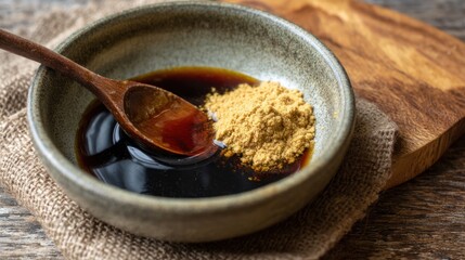 Bowl with dark sauce and mustard with a spoon on burlap.