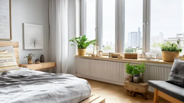 Cozy bedroom interior with platform bed, gray bedding, wooden side table, window, artwork and houseplants in soft, neutral light