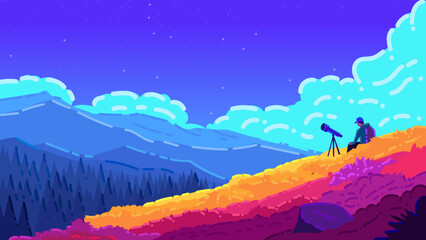 Stargazer Watching the Night Sky from Mountain Hill
