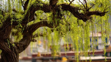Tree branches with green leaves and blurred building in background.
