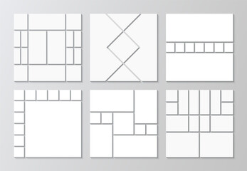 Set of collage template. Mosaic picture frames collection. Moodboard layout. Album brandboard presentation. Mood board background. Scrapbook grid. Gallery banner. Portfolio images. Vector illustration