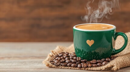 Aromatic Coffee in Green Mug with Heart Design Surrounded by Coffee Beans and Warm Rustic Background