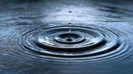 Water drop creating ripples on a dark blue water surface.