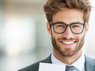 business talking banner concept. Smiling businessman in suit holding a document, exuding confidence and professionalism.