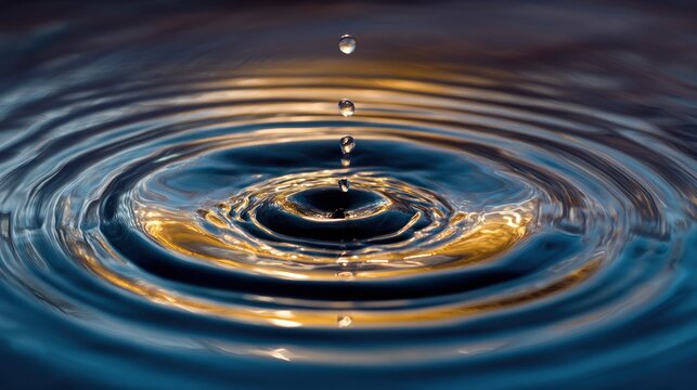Water drop creates ripples in a blue liquid surface with golden reflections.