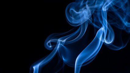 Abstract Blue Smoke Swirling, Ethereal, and Dreamlike Wisps Against Black Background