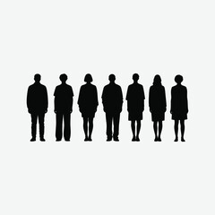 Minimalist artwork of seven diverse black silhouettes standing in a line on a white background. Abstract, balanced, and neutral design ideal for modern visual projects.