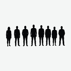 Minimalist artwork of seven diverse black silhouettes standing in a line on a white background. Abstract, balanced, and neutral design ideal for modern visual projects.