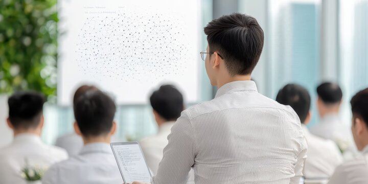 business talking banner concept. A presenter shares data insights to an engaged audience in a modern office setting.