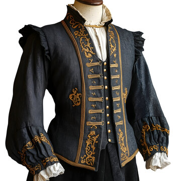 16th century male Renaissance fashion, structured doublet with gold threads, slashed sleeves, historical accuracy
