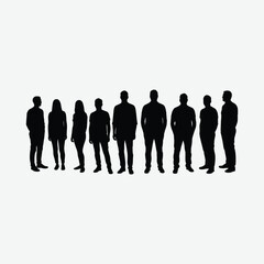 Minimalist artwork of seven diverse black silhouettes standing in a line on a white background. Abstract, balanced, and neutral design ideal for modern visual projects.