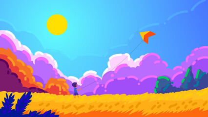 Child Flying a Kite on a Sunny Day in the Countryside