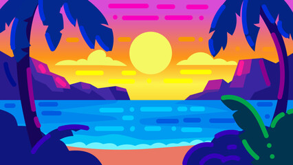Tropical Beach Sunset with Palm Trees and Ocean View