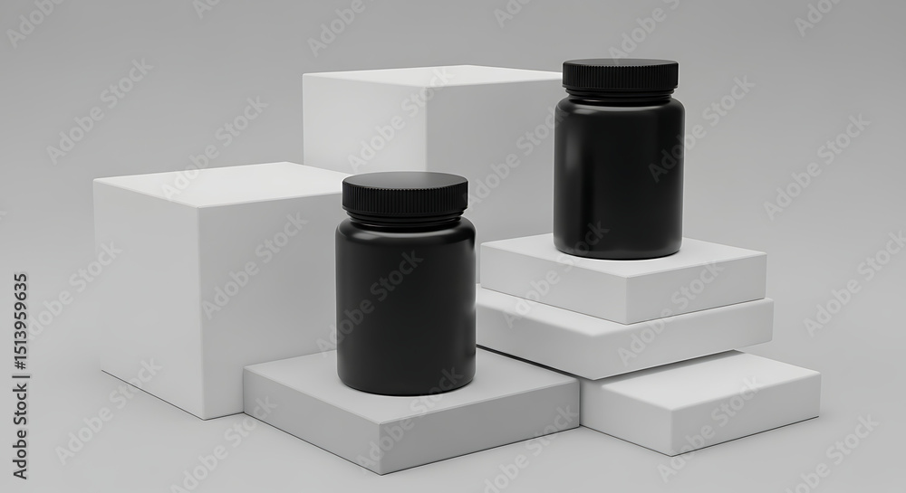 Poster two black containers are positioned on a series of white geometric blocks, creating a modern and min