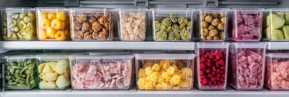 Poster organized modern freezer showcasing a variety of frozen goods in clear storage containers for easy a