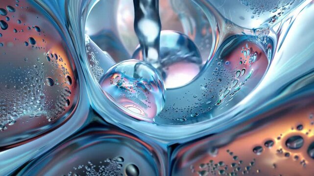 An abstract composition of transparent, iridescent spheres and water droplets, creating the effect of bubbles or moving liquid, with blue, light blue and orange hues, as well as light reflections - Powered by Adobe