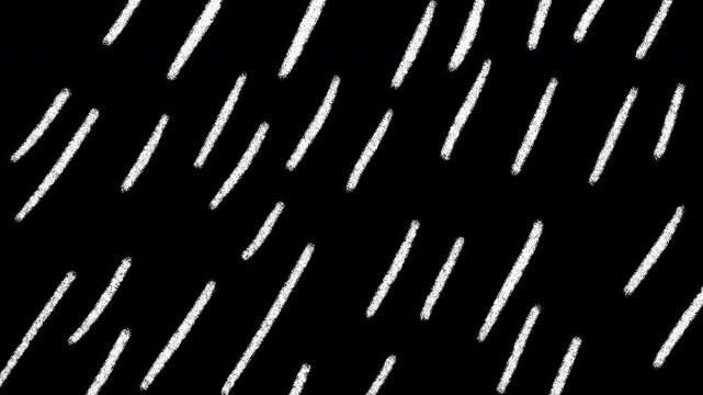Monochromatic animation of white grunge pencil and brush doodle lines representing rain texture on black background. Rain overlay. Rain animation effect. Low frame rate effect. Seamless loop. 