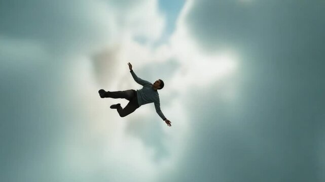 A man in a grey sweater and dark trousers falling down against a cloudy sky with soft lighting