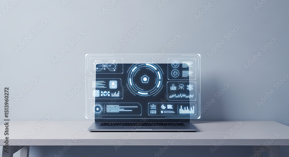 Poster a sleek laptop sits on a modern desk, featuring a holographic display that showcases various data an