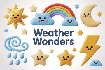 Cute Weather Icons Set Sun, Rainbow, Moon, Rain, Stars, Clouds, Lightning Cartoon 3D Style