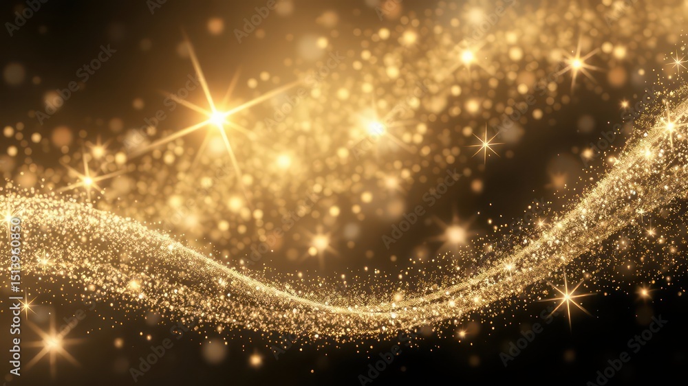 Poster golden glittering particles flow in a dynamic stream, creating a mesmerizing and festive radiant eff