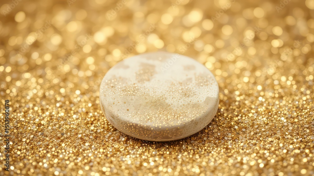 Poster elevated close-up of a round object placed on a gold sparkling surface, radiating light and inviting