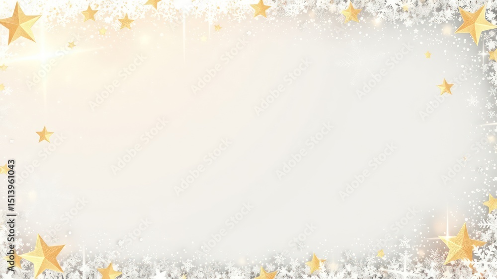 Poster golden stars and delicate snowflakes create an elegant sparkling border on soft neutral background