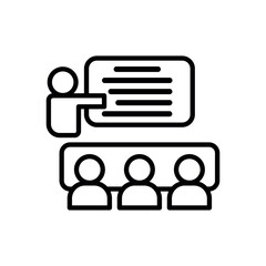 Presentation Icon: Illustrates a presentation in progress, showing a presenter addressing an audience with clarity and focus.