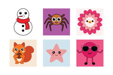 Funny baby animal cartoon vector illustration set with cute safari characters like owl, pig, dog, bird, cat, and cow