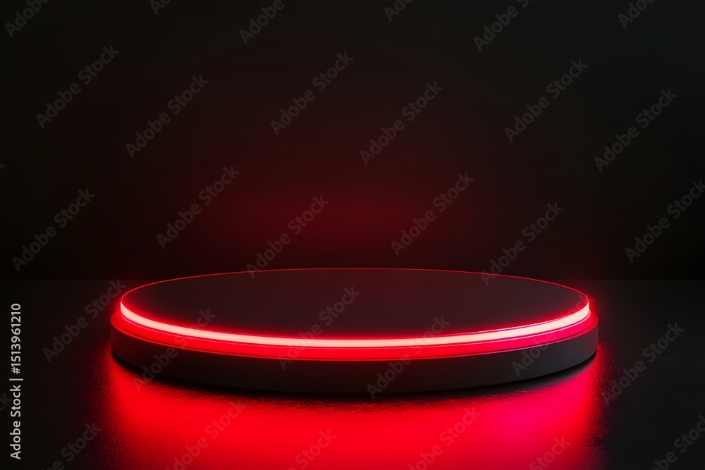 Poster round podium illuminated with red light on dark background. 3d rendering