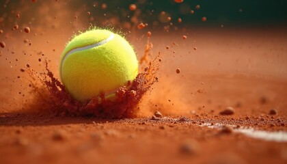 Tennis ball bounces on clay court. Ball hits the ground, clay particles scatter. Dynamic action shot, blurred background. Sport equipment, professional tennis game.