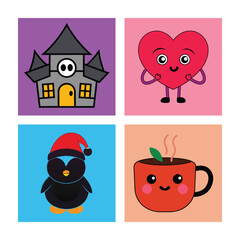 Cute vector cartoon animal set illustration with funny monster, house, and bird characters