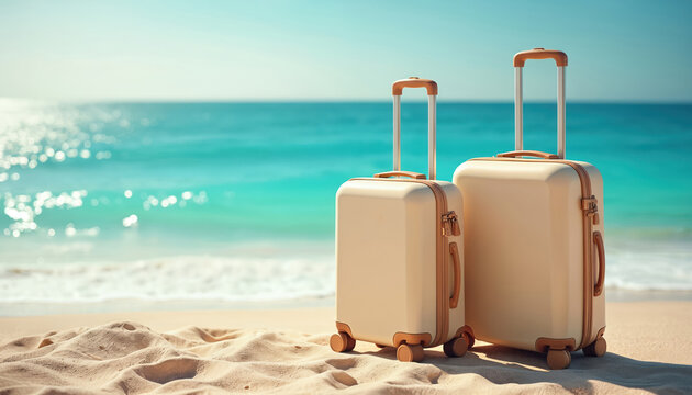 Two travel suitcases stand on sandy beach with turquoise ocean background. Baggage, beach, ocean travel, summer vacation, holiday concept. Ideal for vacation rental, travel agency, tourism blog,