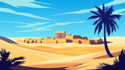 Ancient Ruins in Desert with Palm Tree and Clear Sky