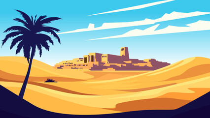 Ancient Ruins in Desert with Palm Tree and Clear Sky