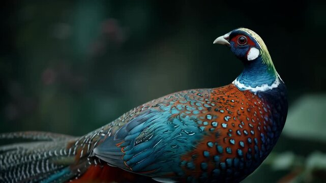 Colorful Reeves pheasant with detailed plumage against a dark, blurred background