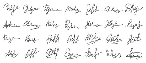 Set of various handwritten signatures and decorative calligraphic marks. Includes scribbles, initials, fake autographs, and personal signature styles. Great for mockups, branding, overlays