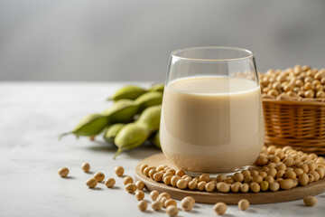 A glass of soy milk with soybeans and edamame on a wooden plate against a neutral background