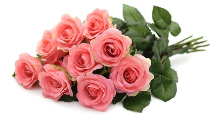 Obraz premium of a bouquet of pink roses with green leaves on white background