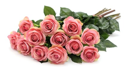 Obraz premium A bouquet of pink roses with green leaves on a white background view