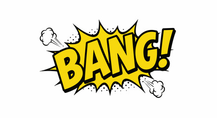 Yellow bang comic book explosion sound effect.  Dynamic bang text with starburst and smoke effects.  This powerful bang illustration is perfect for new year cards and holiday announcements.