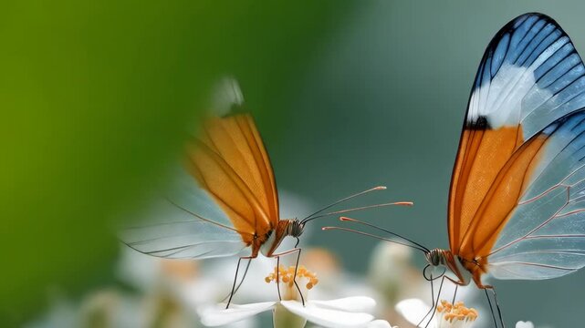 Two exquisite glassy winged butterflies gracefully perched on delicate white blossoms in a serene garden setting, showcasing their translucent wings with orange and blue hues.