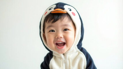 Cute asian boy in penguin costume